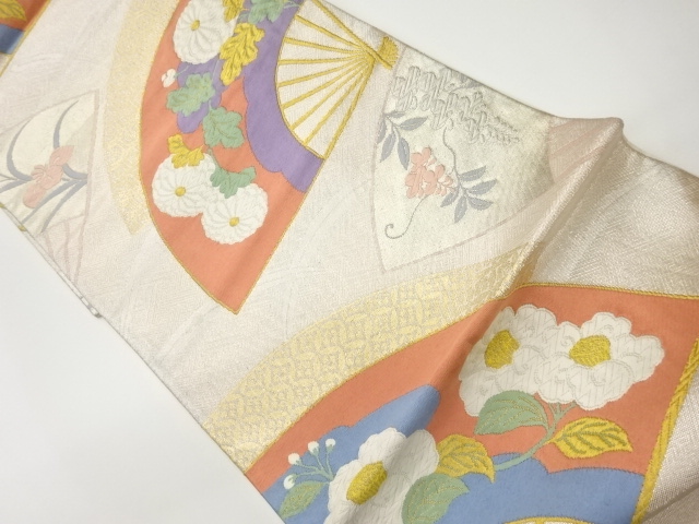 佐賀錦扇に草花・芝模様織出し袋帯